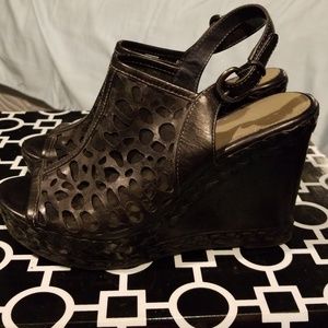 Size 8.5 Genuine Leather Black  Wedge Sandals